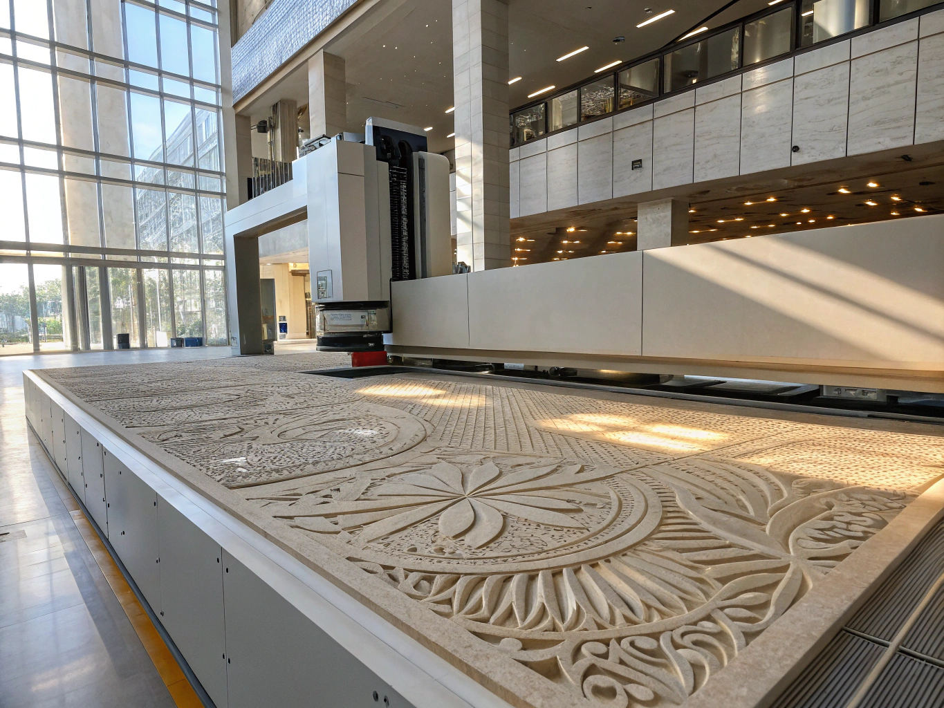 CNC-machined relief carving, lettering, and stone logo details