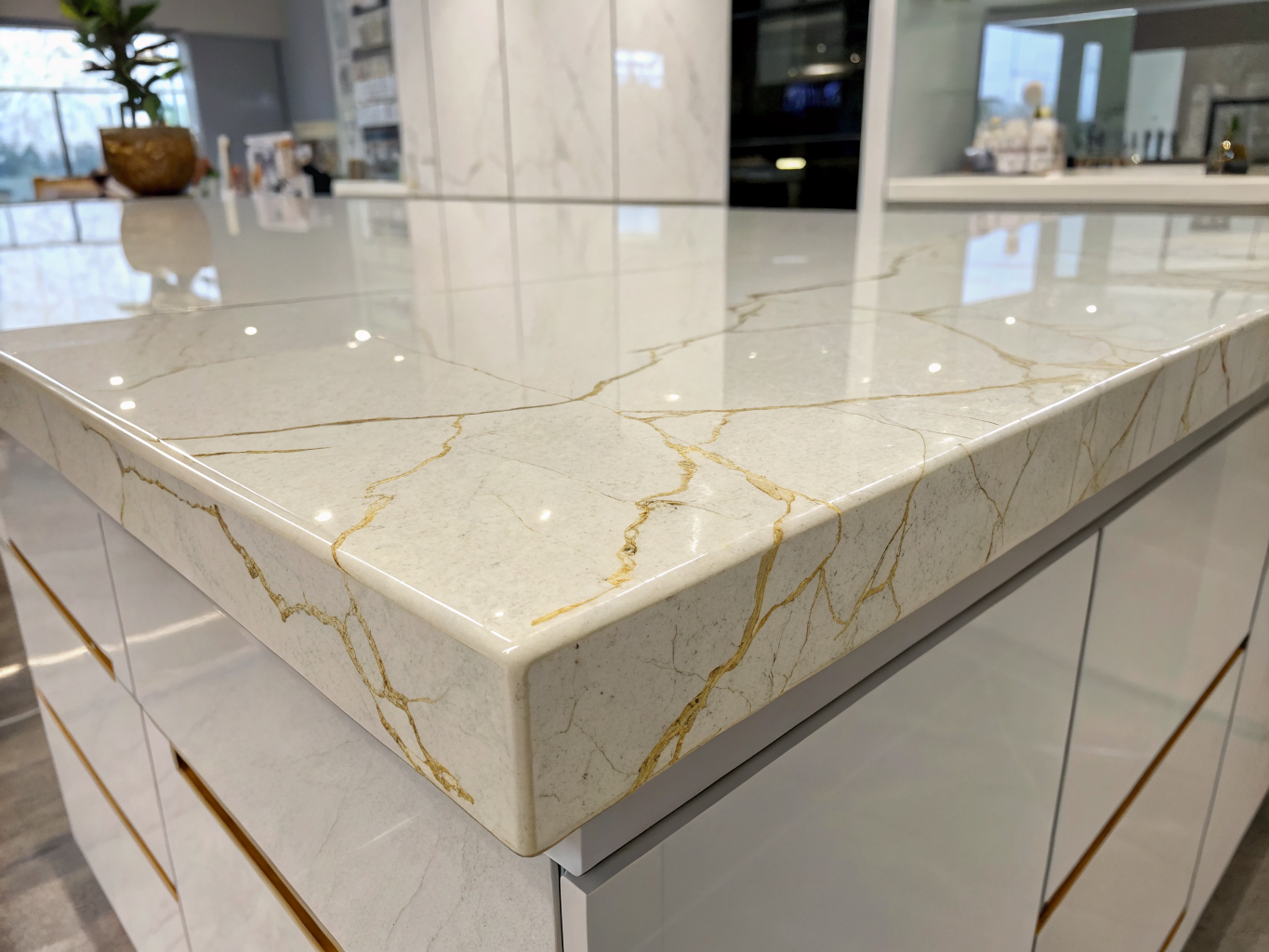 Stone kitchen countertops and vanity tops with sink cutouts and mitered edges